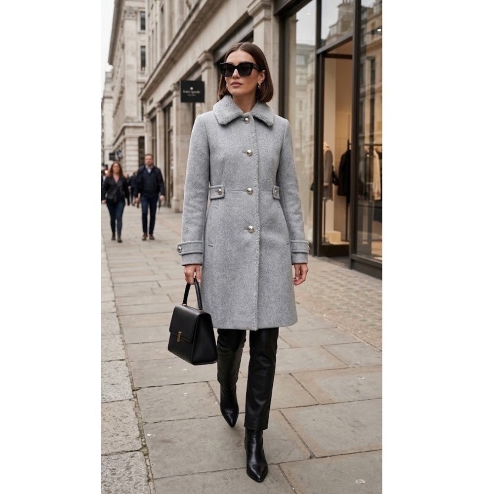 Kate Spade Grey Wool Blend Coat Sherpa Trim Collar Trench Jacket K21765Y Size XS
